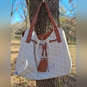 Geometric Patterned Brown and White Tote Bag
